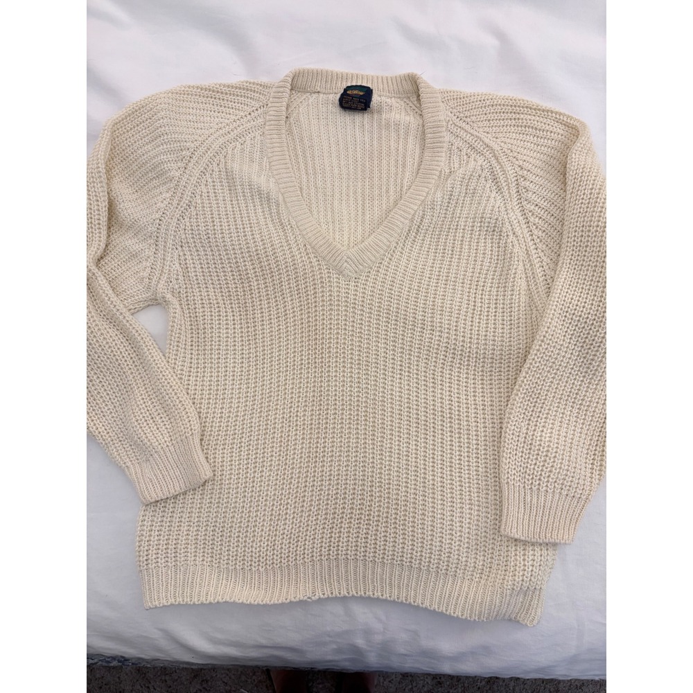 Vintage CC Sport by Cellini Cream V-Neck Shaker Knit Sweater Ramie Cotton Blend